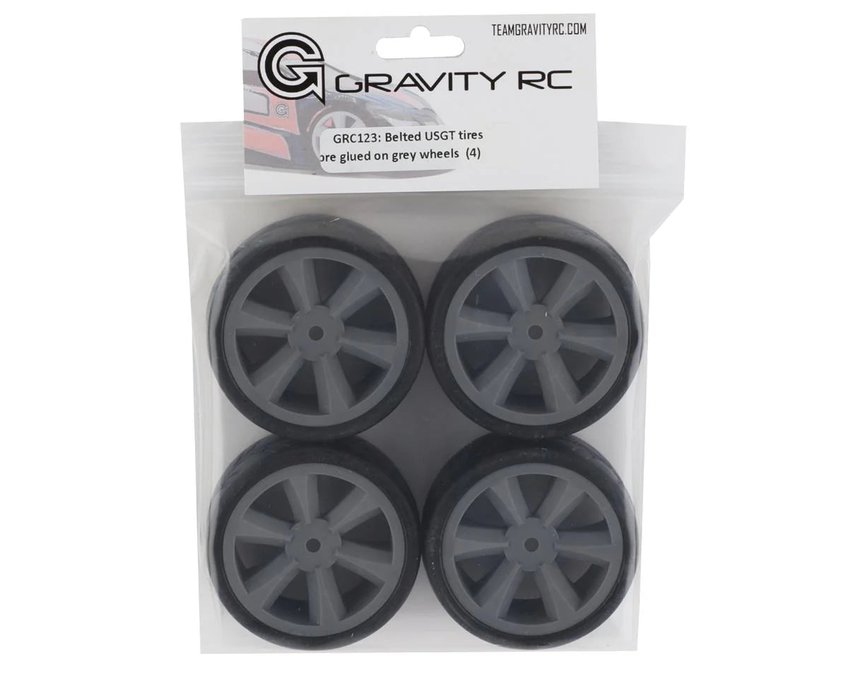 Gravity RC USGT Belted Pre Glued Tires with Edge Wheels in Grey Set of 4 Racing Tires