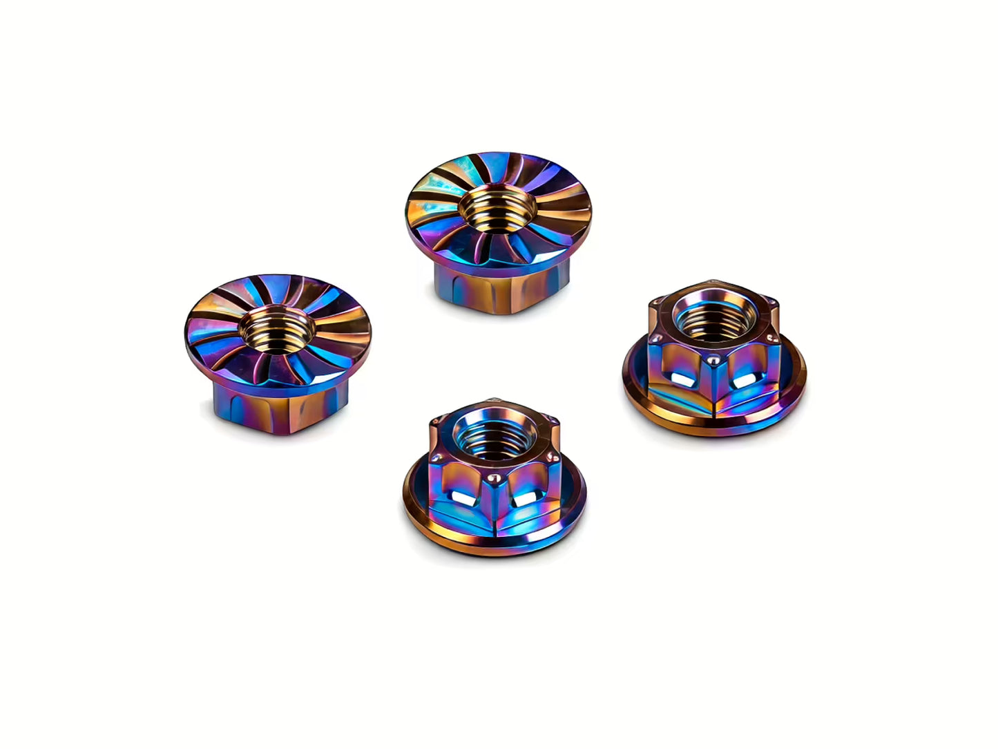 HUDY Titanium M4 Serrated Flange Wheel Nuts Rainbow Anodized Set of 4